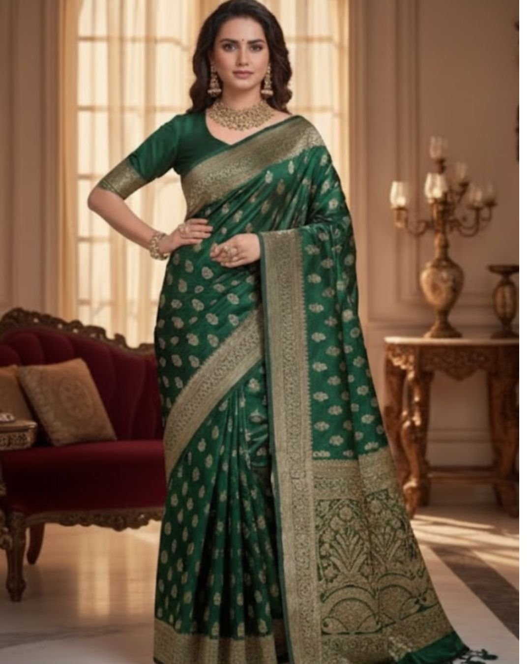 Teal Green Woven Zari Border Party Wear Saree with Rich Pallu - Image 3