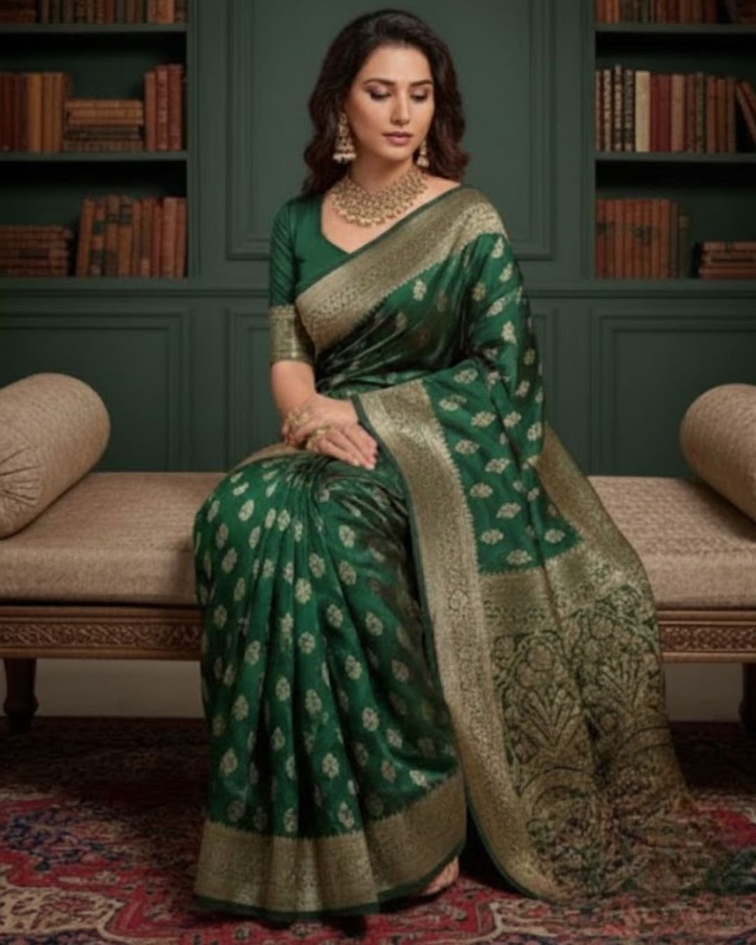 Teal Green Woven Zari Border Party Wear Saree with Rich Pallu - Image 4
