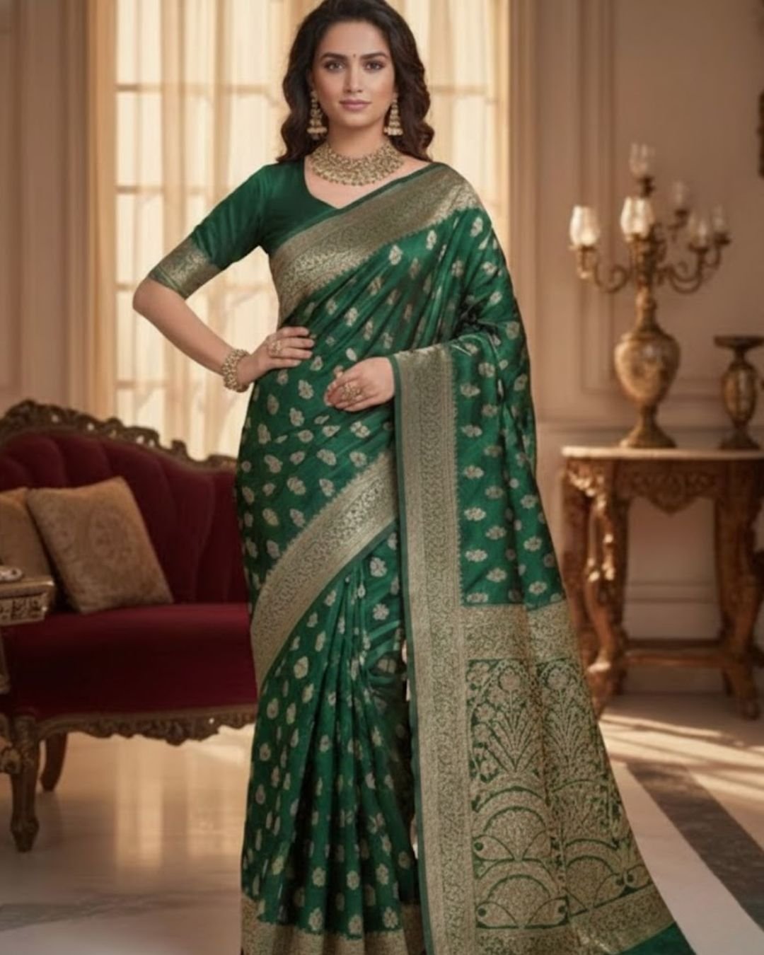 Teal Green Woven Zari Border Party Wear Saree with Rich Pallu - Image 5