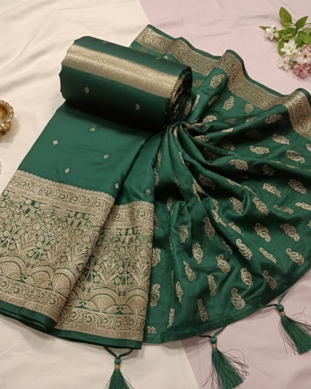 Teal Green Woven Zari Border Party Wear Saree with Rich Pallu