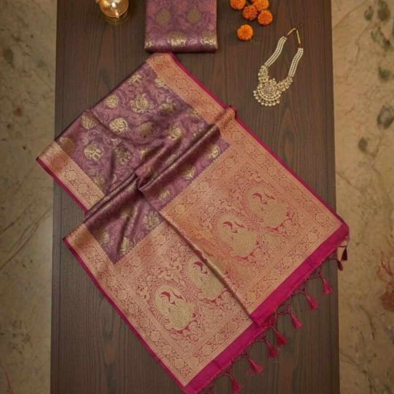 Royal Banarasi Silk Saree in Mauve Purple with Antique Gold Zari