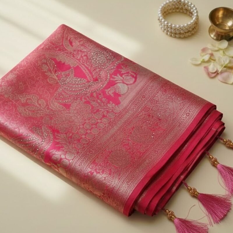 Elegant Rose Pink Banarasi Silk Saree with Zari Weave & Stone-Embellished Pallu