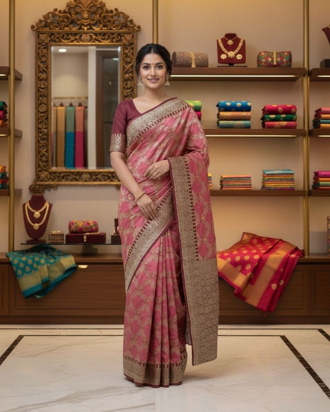 Regal Rose Pink Banarasi Silk Saree with Gold Zari Weave & Contrast Border - Image 2