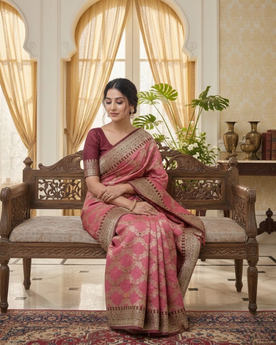 Regal Rose Pink Banarasi Silk Saree with Gold Zari Weave & Contrast Border - Image 4