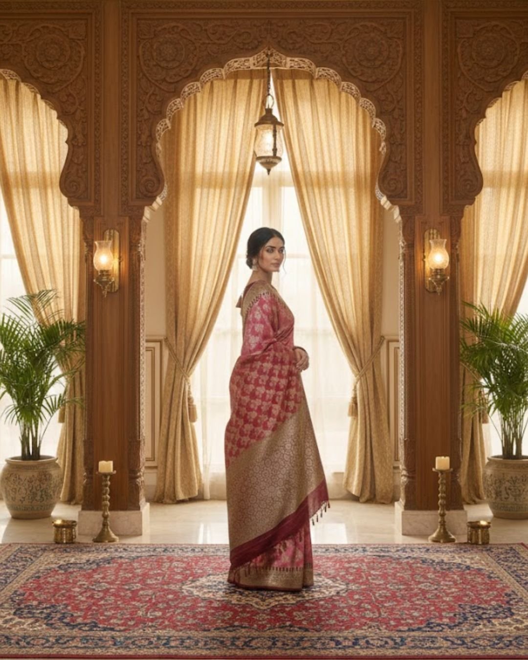 Regal Rose Pink Banarasi Silk Saree with Gold Zari Weave & Contrast Border - Image 5