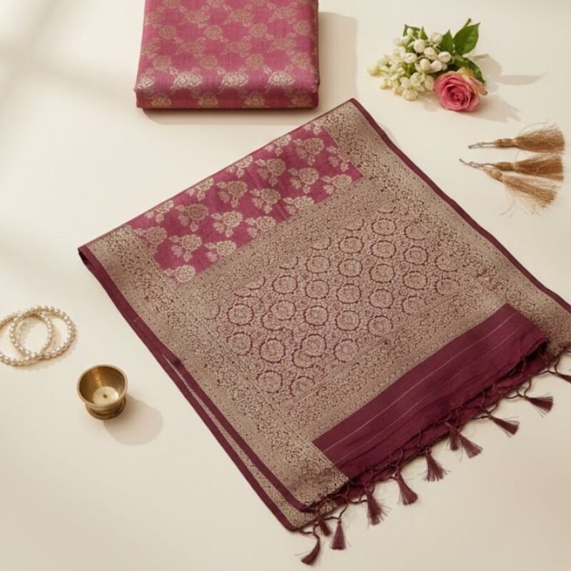 Regal Rose Pink Banarasi Silk Saree with Gold Zari Weave & Contrast Border