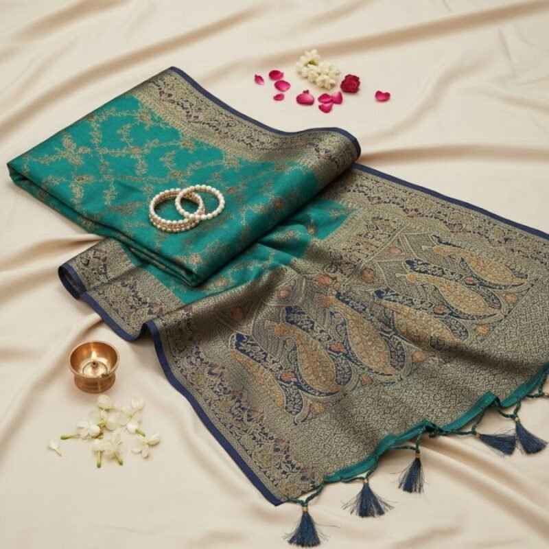 Royal Teal Green Banarasi Silk Saree with Peacock Zari Border & Antique Weave
