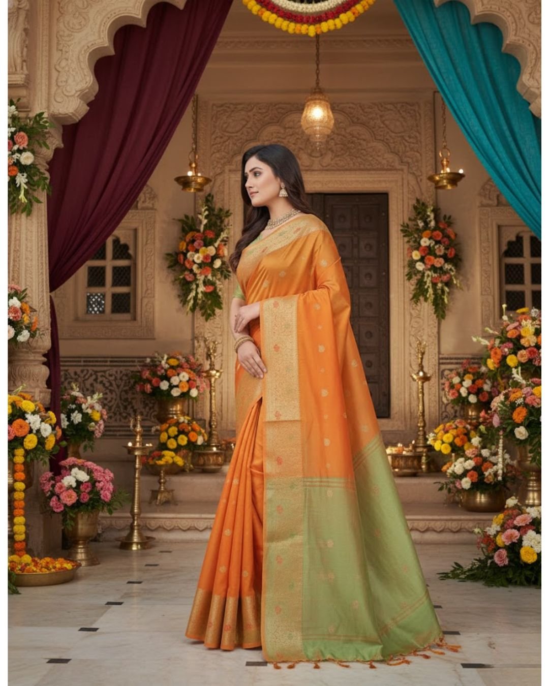 Classic Orange Banarasi Silk Saree with Gold Zari Buti & Olive Green Border - Image 2