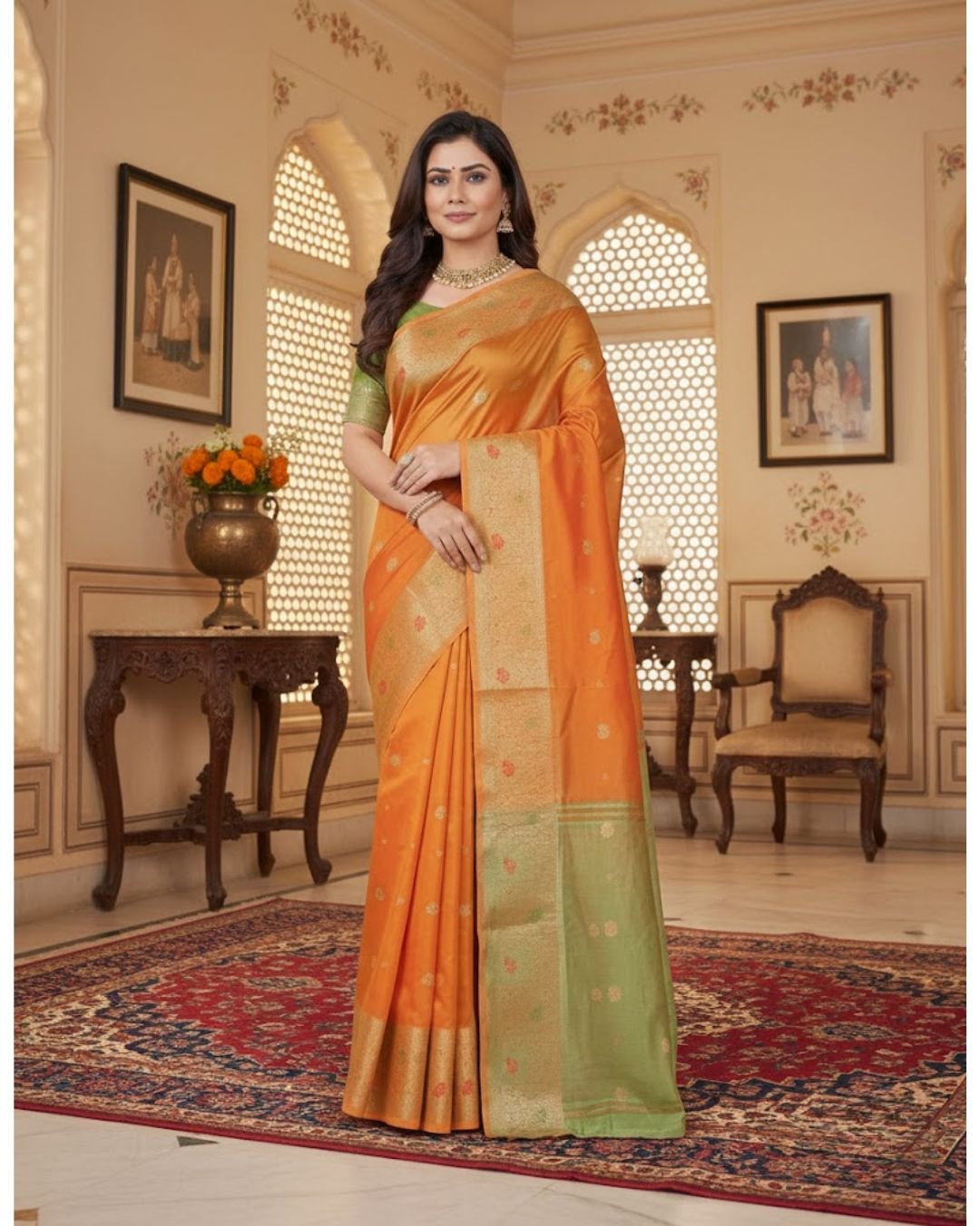 Classic Orange Banarasi Silk Saree with Gold Zari Buti & Olive Green Border - Image 3