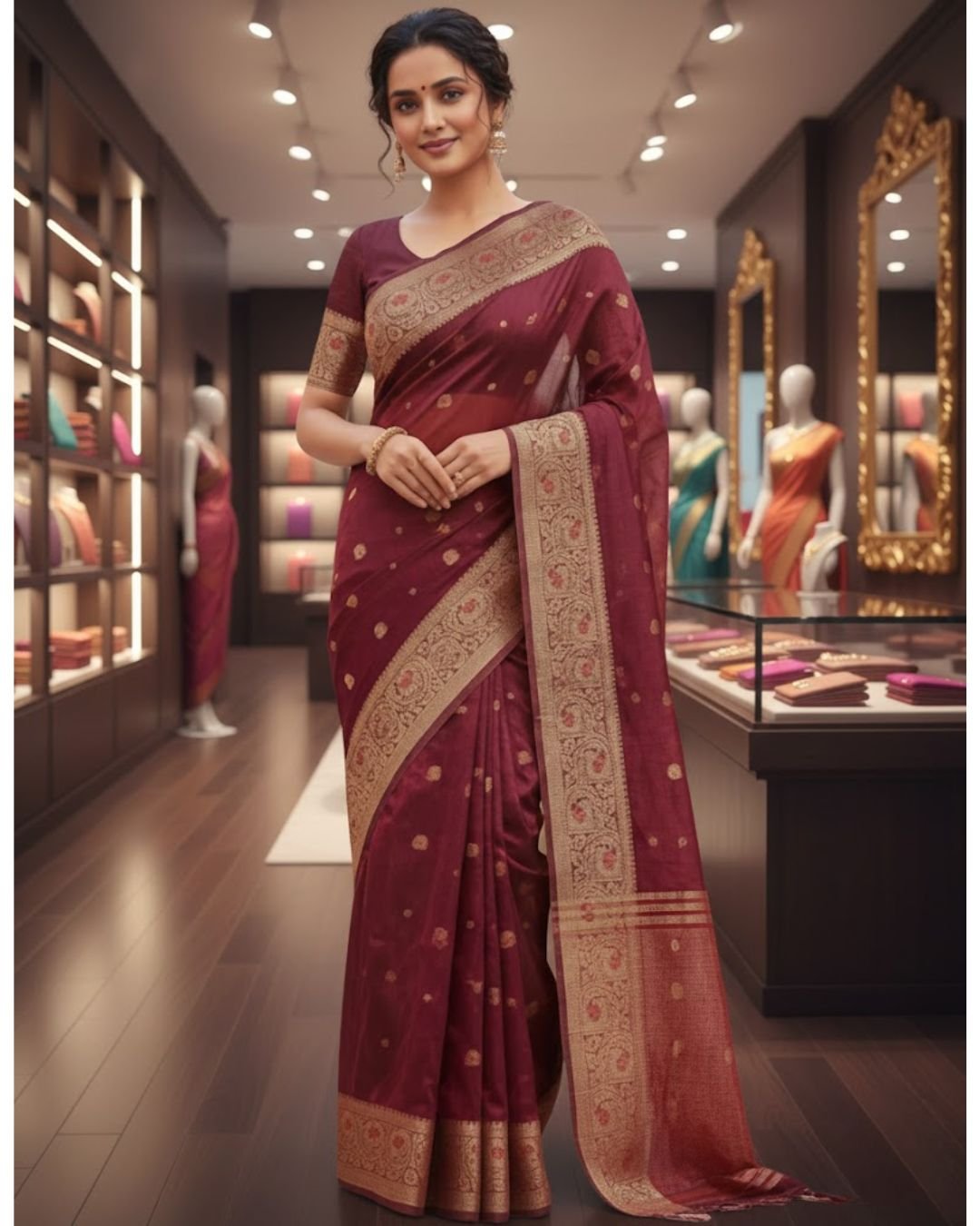 Royal Maroon Banarasi Silk Saree with Gold Zari Buti & Traditional Border - Image 4