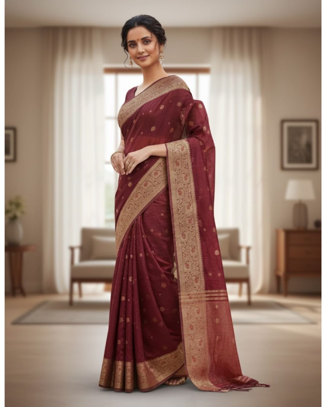 Royal Maroon Banarasi Silk Saree with Gold Zari Buti & Traditional Border - Image 5