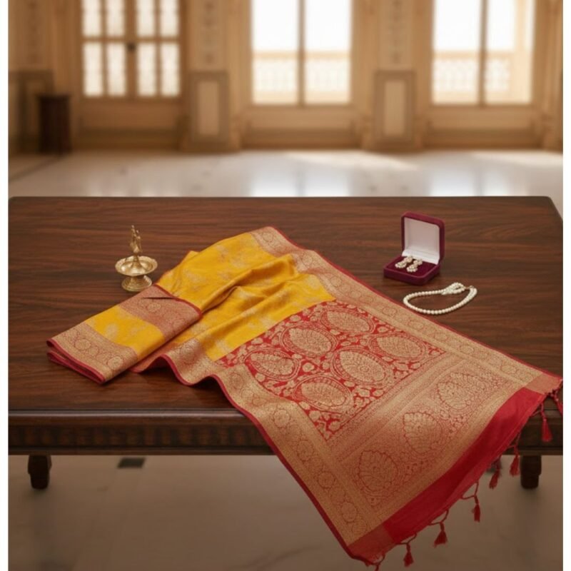 Elegant Mustard Yellow Banarasi Silk Saree with Rich Red Zari Border