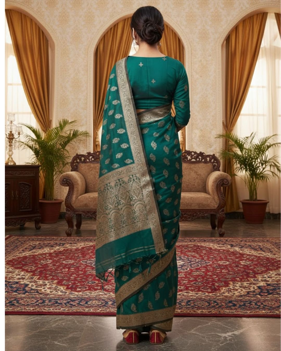 Teal Green Woven Zari Border Party Wear Saree with Rich Pallu - Image 6