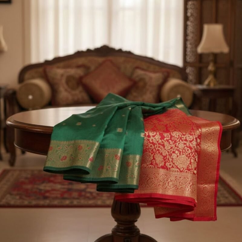 Classic Green Banarasi Silk Saree with Gold Zari Buti & Red Contrast Border