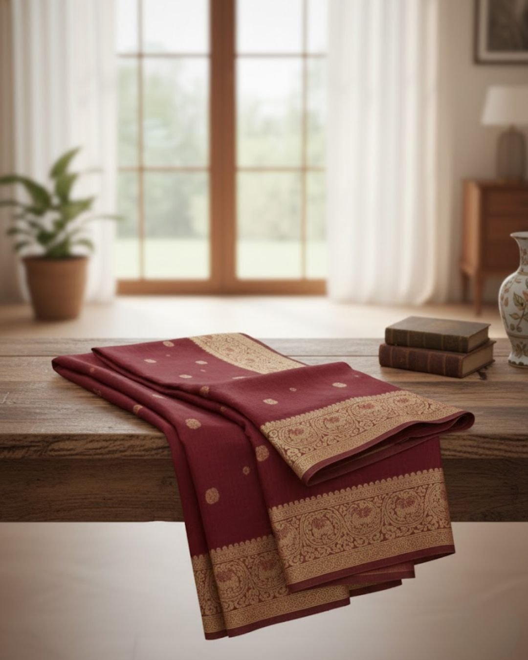 Royal Maroon Banarasi Silk Saree with Gold Zari Buti & Traditional Border