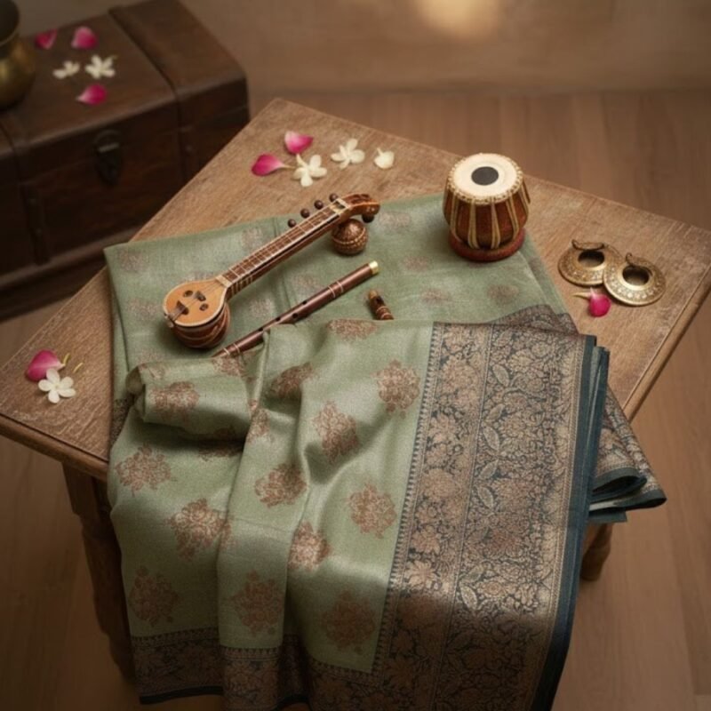 Elegant Sage Green Banarasi Silk Saree with Antique Gold Zari Work