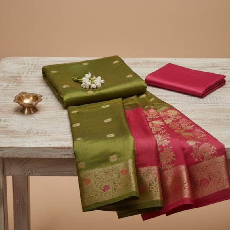 Elegant Green Banarasi Silk Saree with Gold Zari Buta & Contrast Red Border