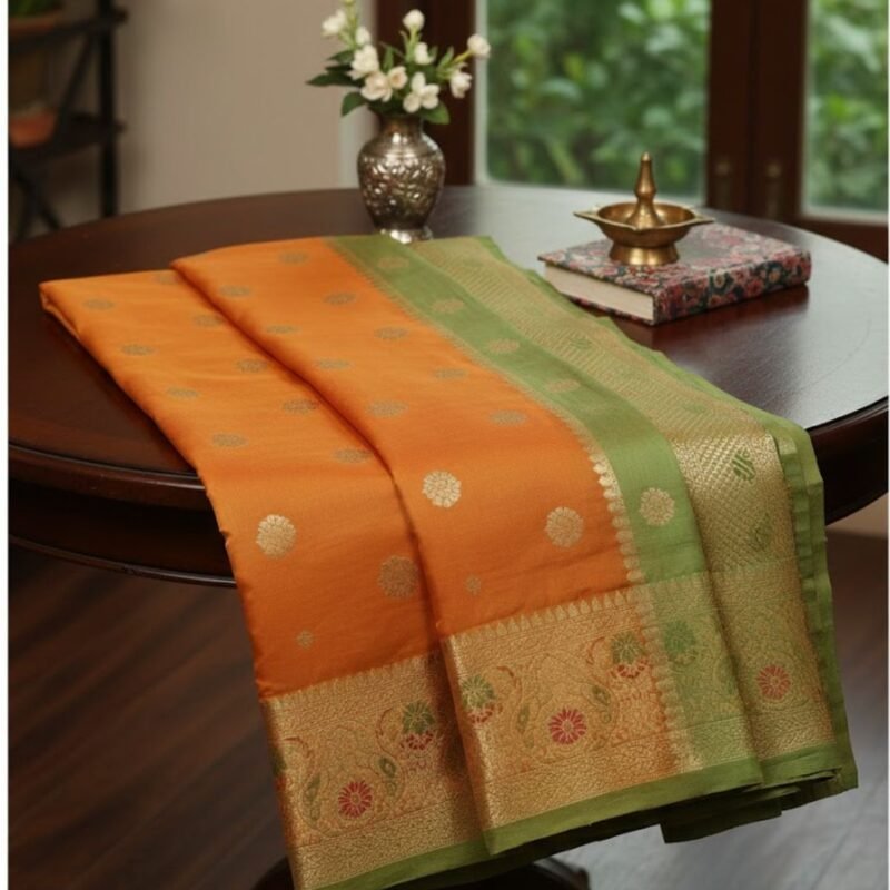 Classic Orange Banarasi Silk Saree with Gold Zari Buti & Olive Green Border