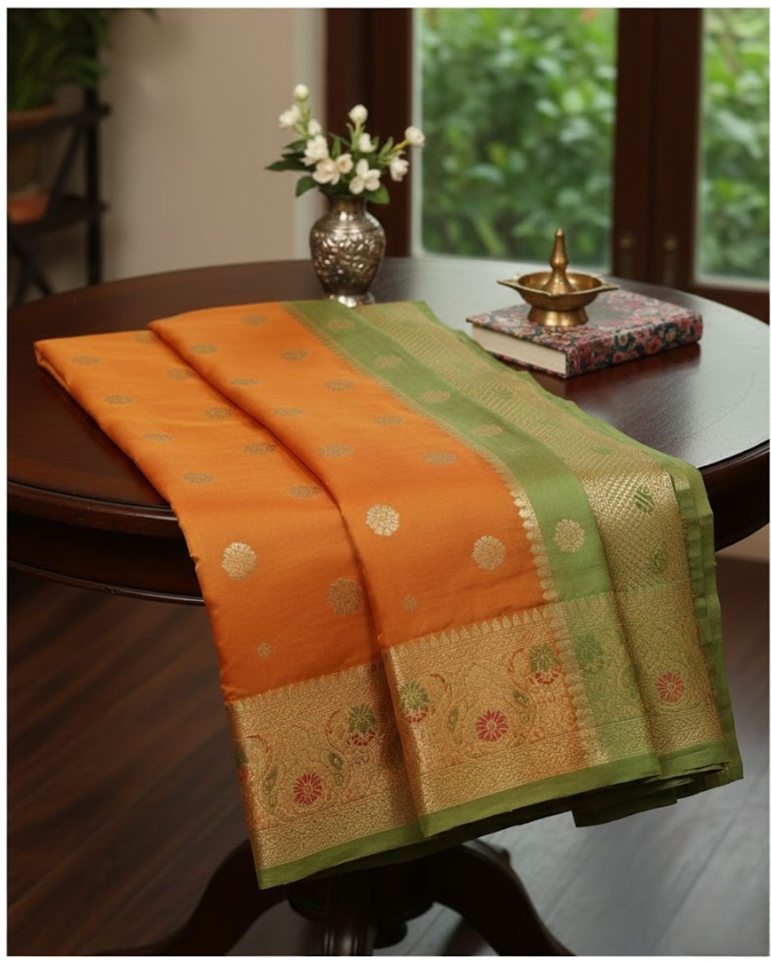 Classic Orange Banarasi Silk Saree with Gold Zari Buti & Olive Green Border