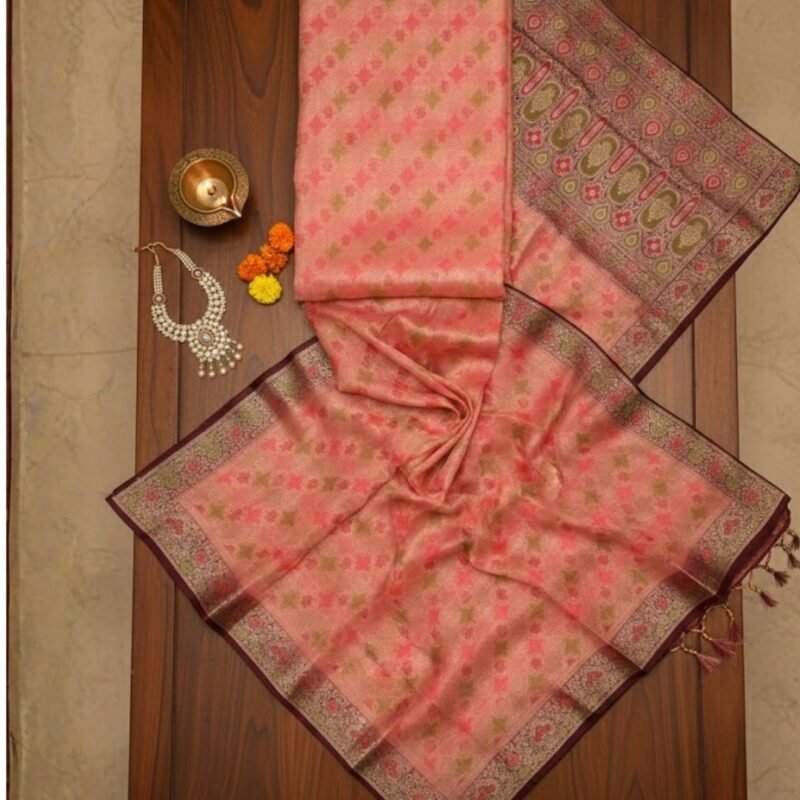Rose Gold Elegance Banarasi Silk Saree with Antique Zari Border