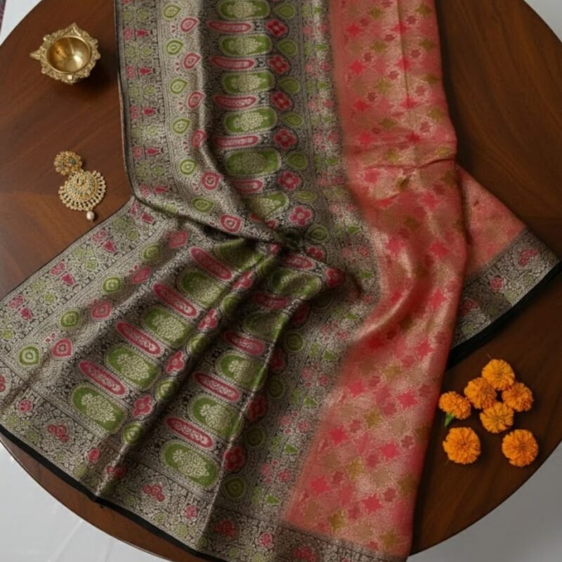 Coral Pink & Royal Blue Banarasi Silk Saree with Meenakari Zari Border