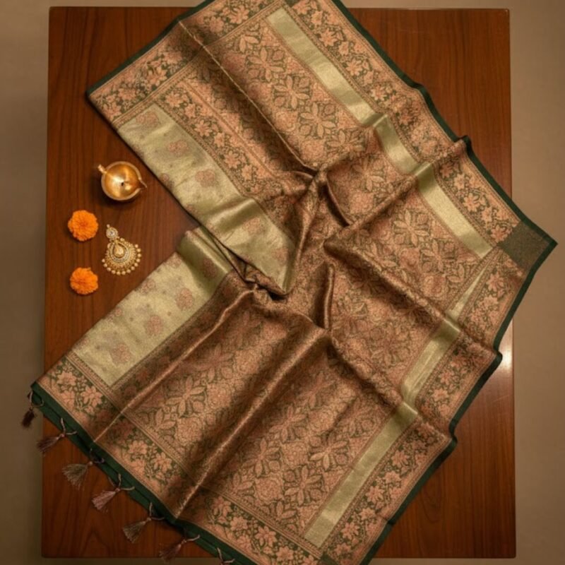 Pastel Mint Green Banarasi Silk Saree with Rose Gold Zari Floral Weaving