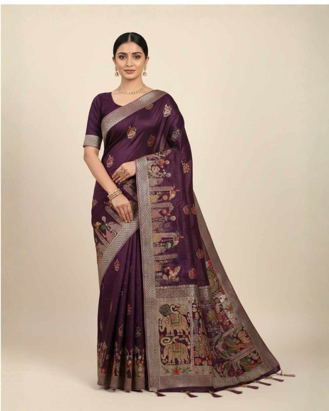 Royal Wine Purple Banarasi Silk Saree with Meenakari Elephant & Peacock Weaving - Image 2