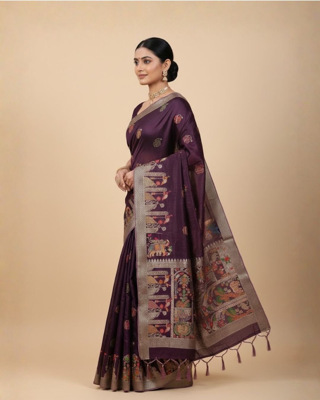 Royal Wine Purple Banarasi Silk Saree with Meenakari Elephant & Peacock Weaving - Image 3