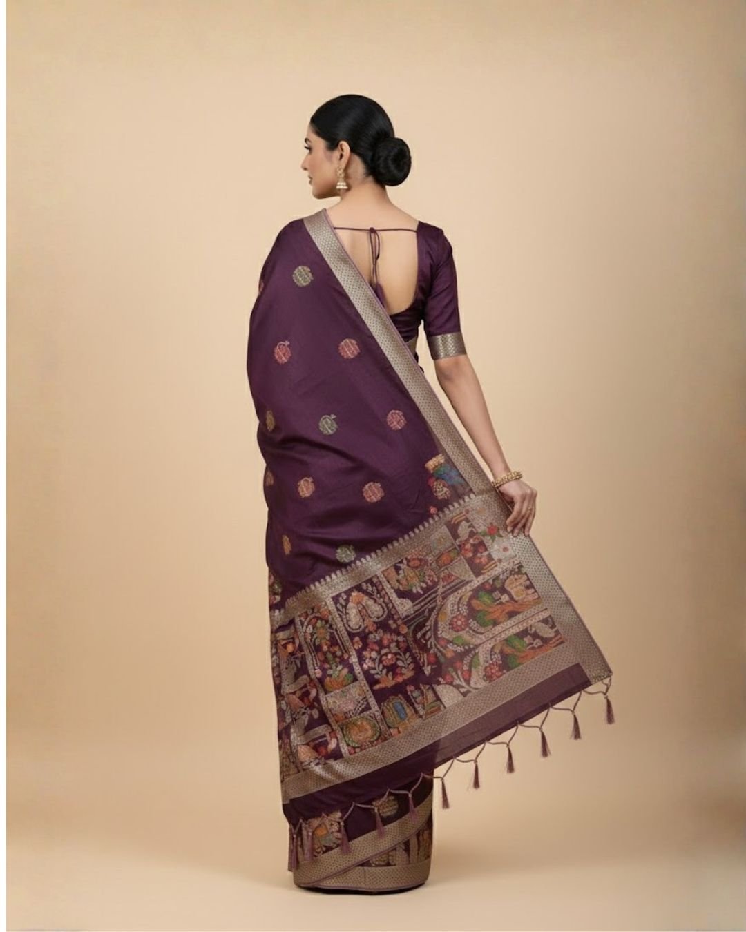 Royal Wine Purple Banarasi Silk Saree with Meenakari Elephant & Peacock Weaving - Image 4