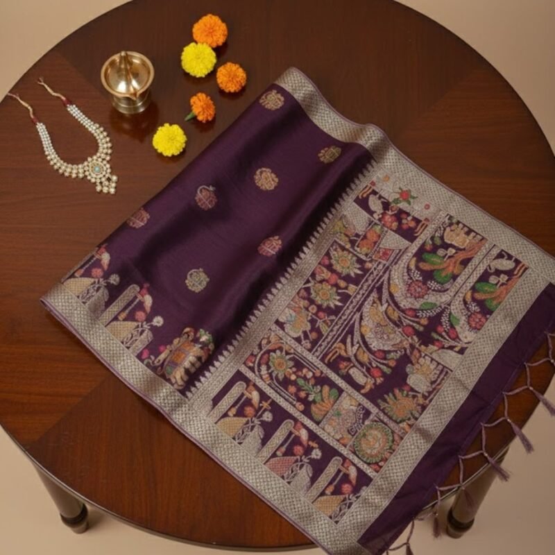 Royal Wine Purple Banarasi Silk Saree with Meenakari Elephant & Peacock Weaving