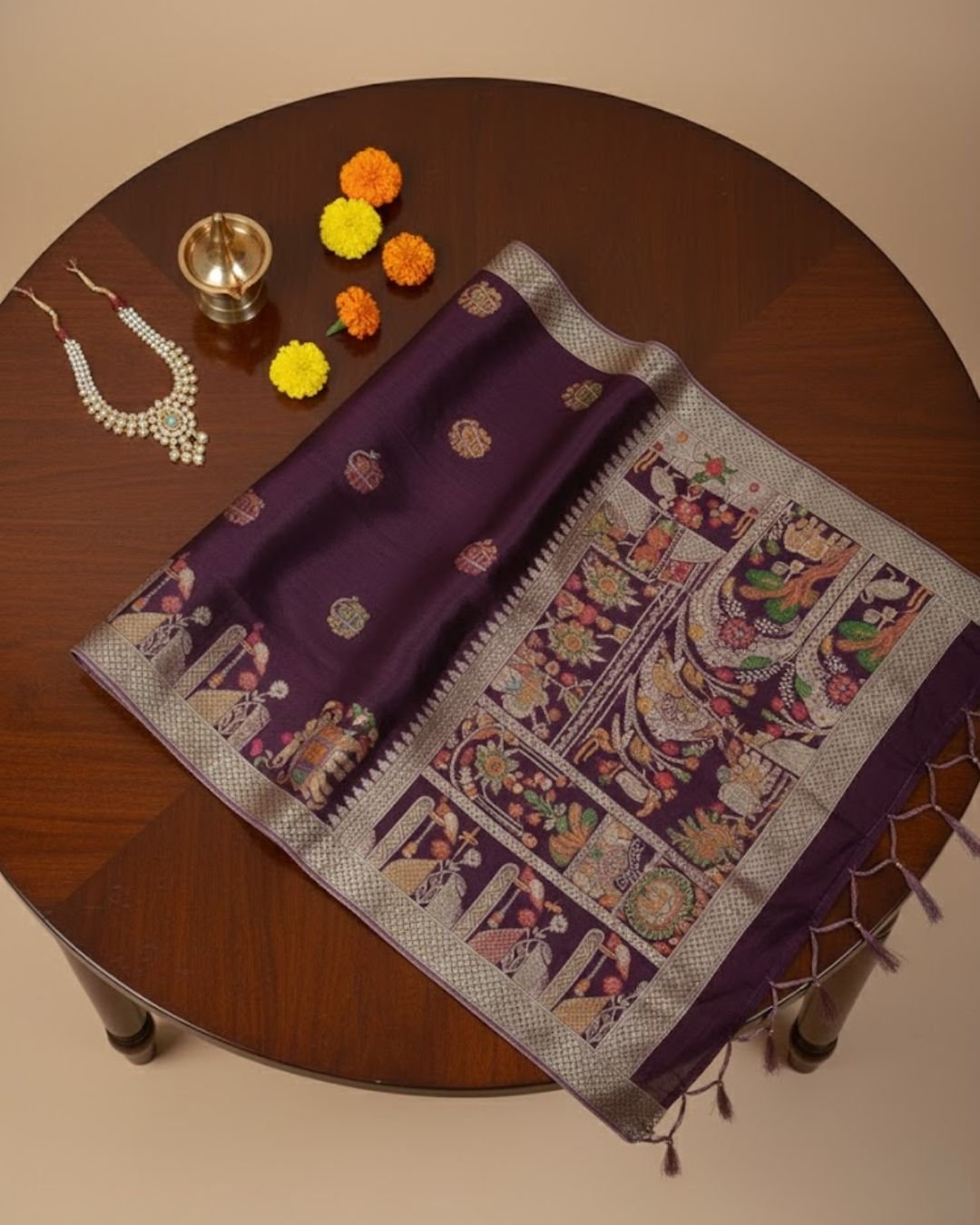 Royal Wine Purple Banarasi Silk Saree with Meenakari Elephant & Peacock Weaving