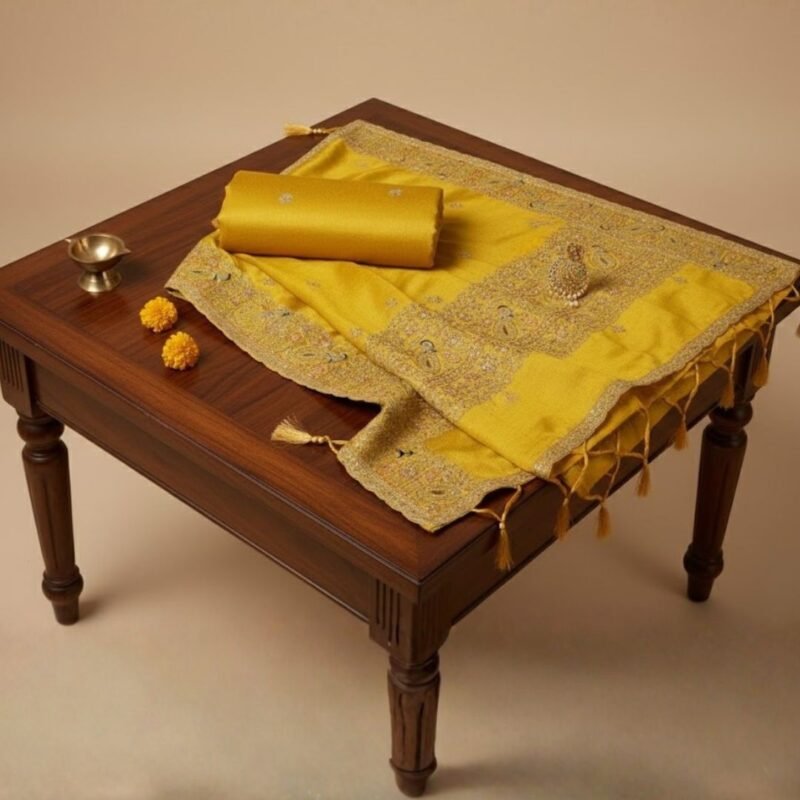 Sunshine Yellow Silk Saree with Hand-Embroidered Peacock Border & Sequin Work