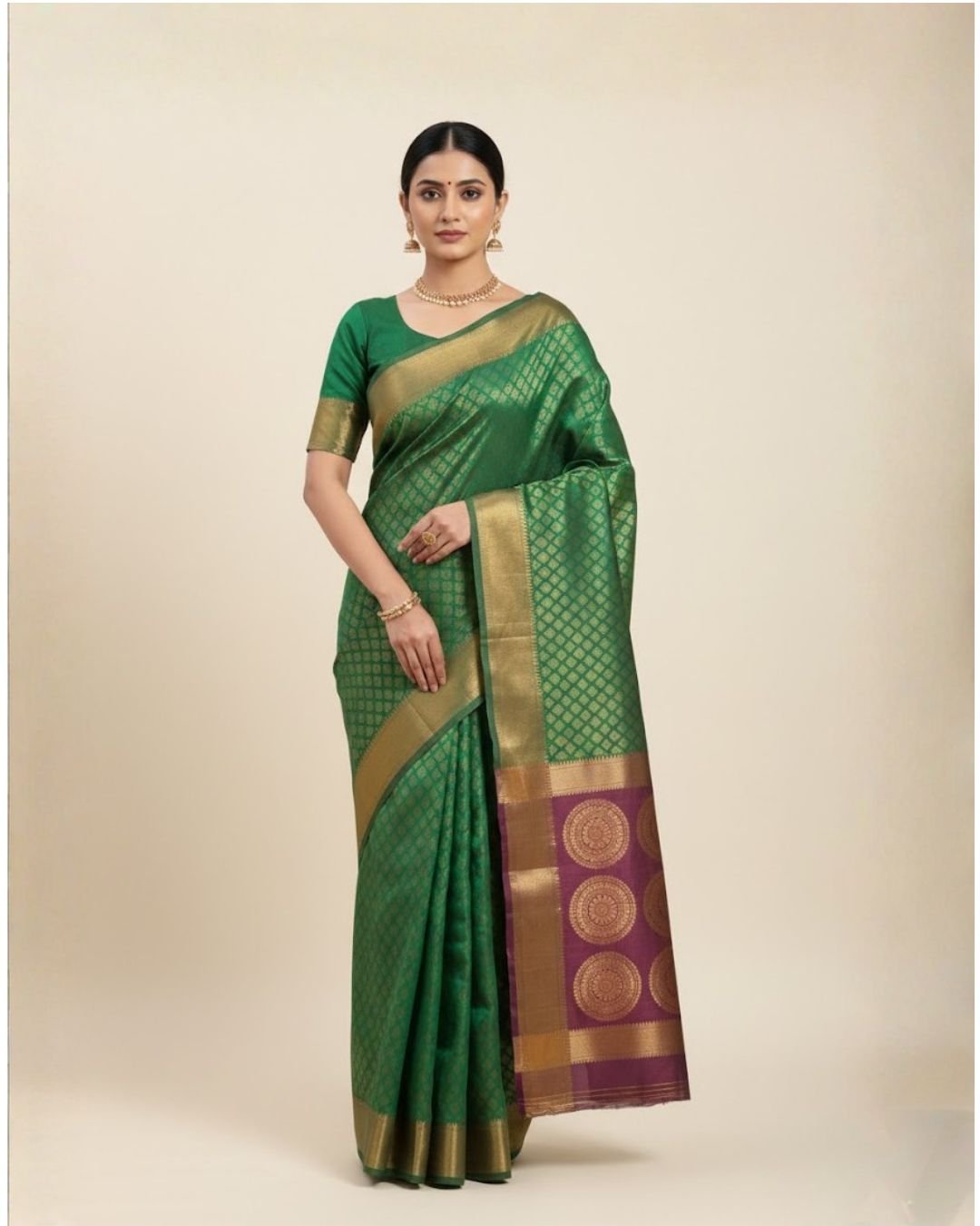 Emerald Green Brocade Silk Saree with Antique Copper Zari Border - Image 2