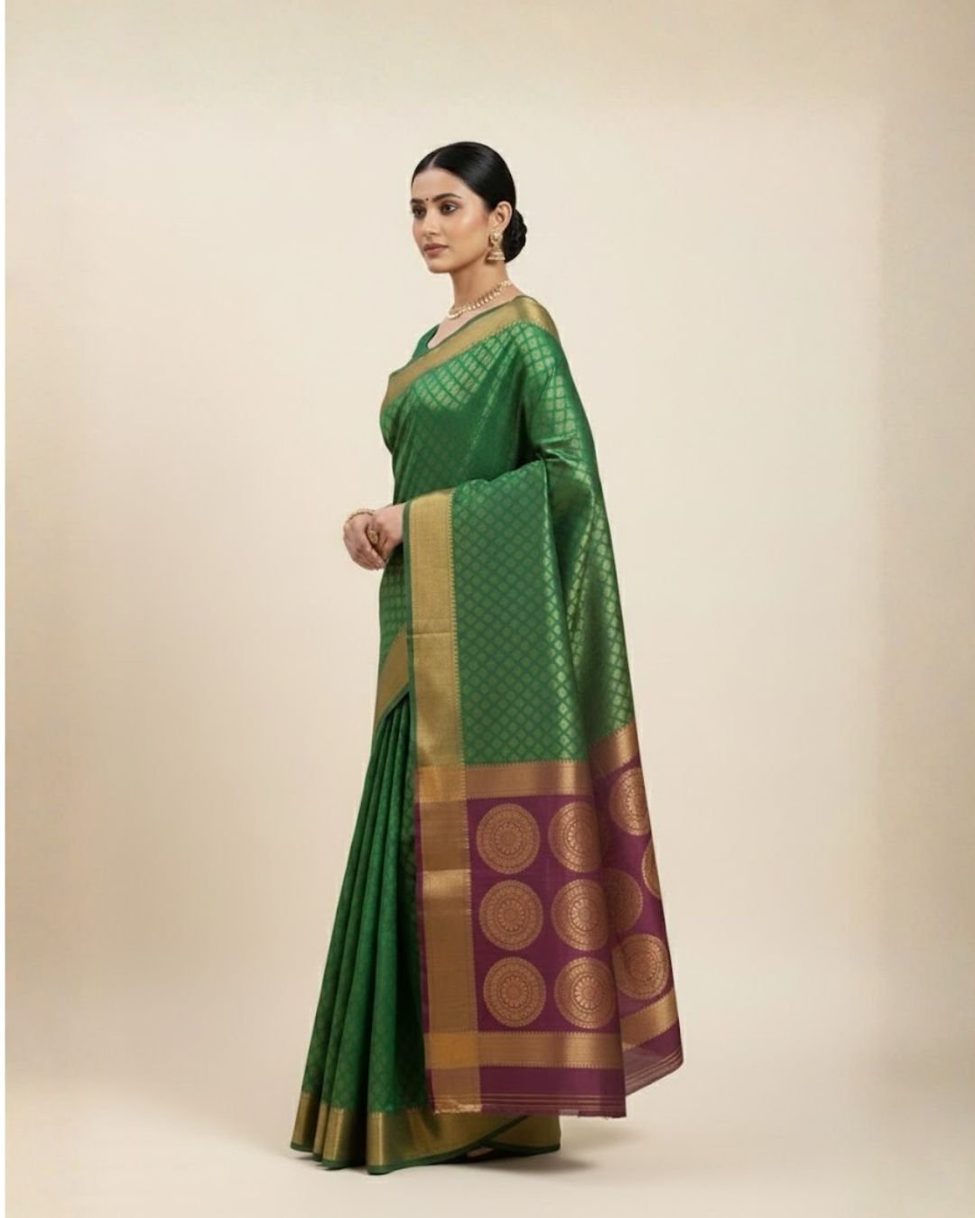 Emerald Green Brocade Silk Saree with Antique Copper Zari Border - Image 3