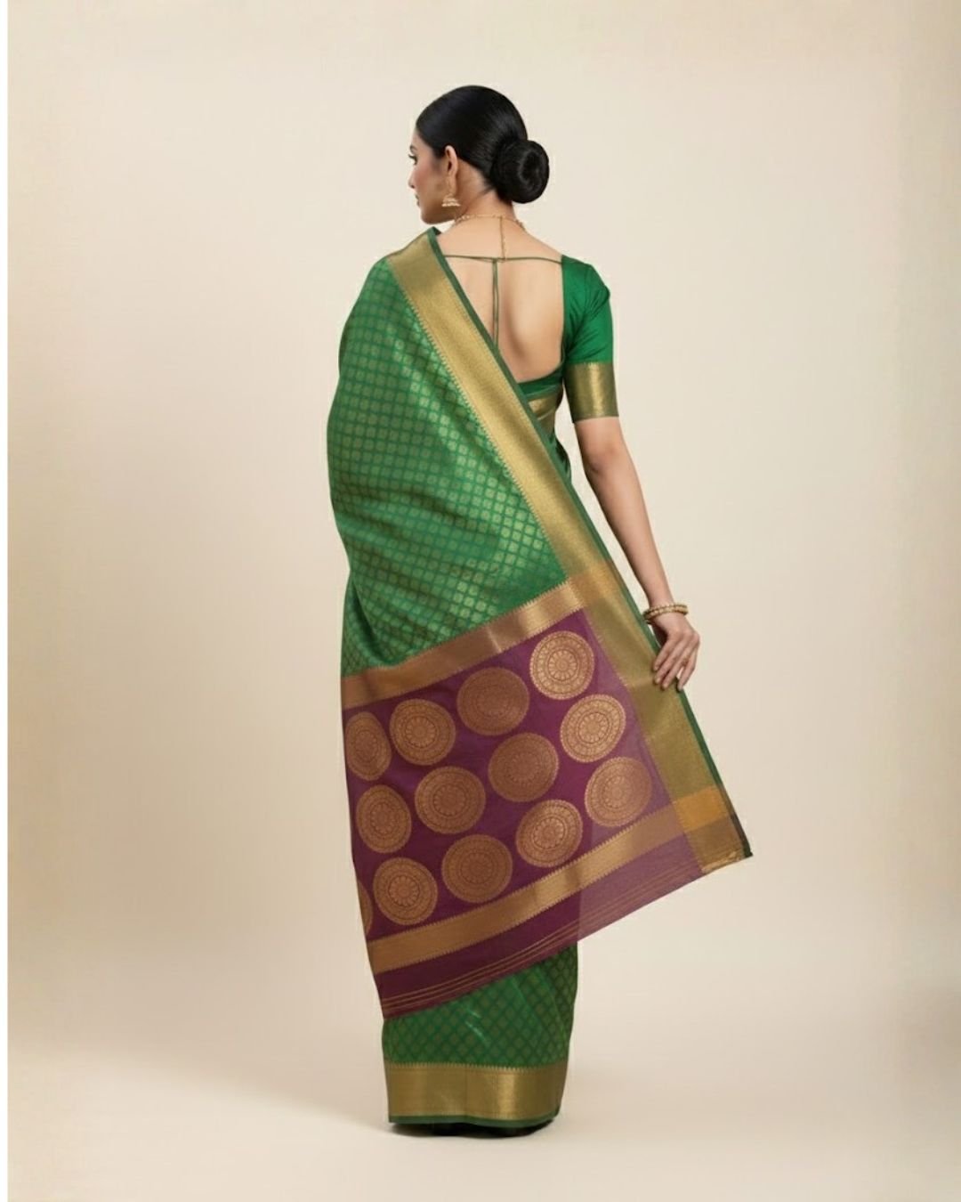 Emerald Green Brocade Silk Saree with Antique Copper Zari Border - Image 4