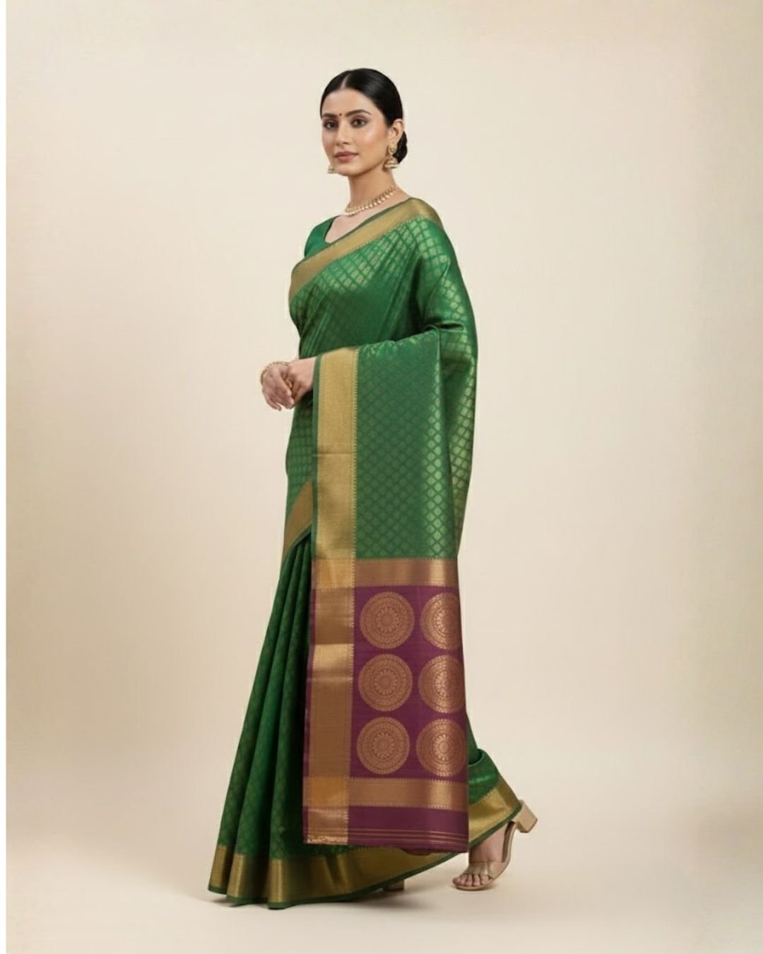 Emerald Green Brocade Silk Saree with Antique Copper Zari Border - Image 5