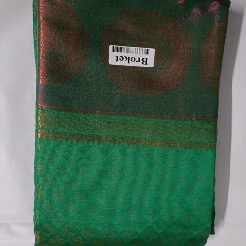 Emerald Green Brocade Silk Saree with Antique Copper Zari Border